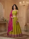 Parrot Green Embroidered Lehenga Set with Rani Pink Dupatta