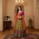 Olive Green and Rani Pink Handcrafted Silk Lehenga Choli Set