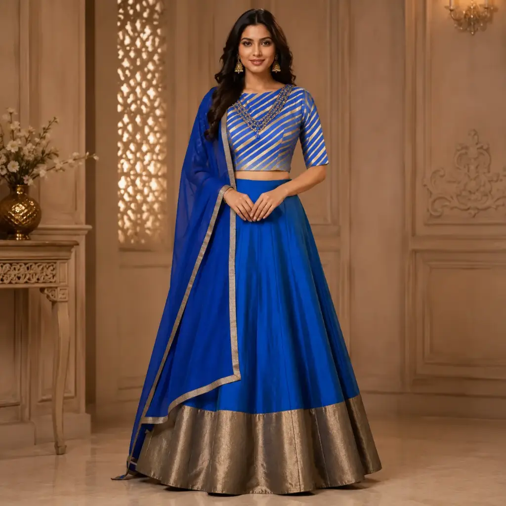 Women's Royal Blue Lehenga Choli with Gold Blouse and Net Dupatta for Wedding Festive Party Wear Set