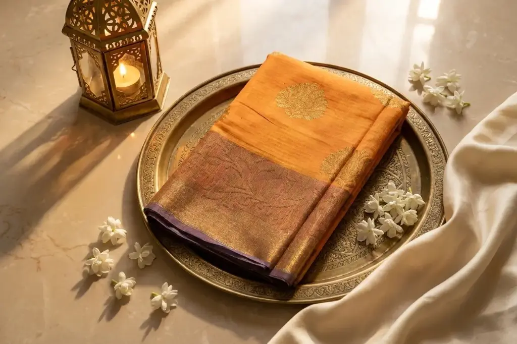 Marigold Orange Chanderi Silk Saree with Zari Motifs