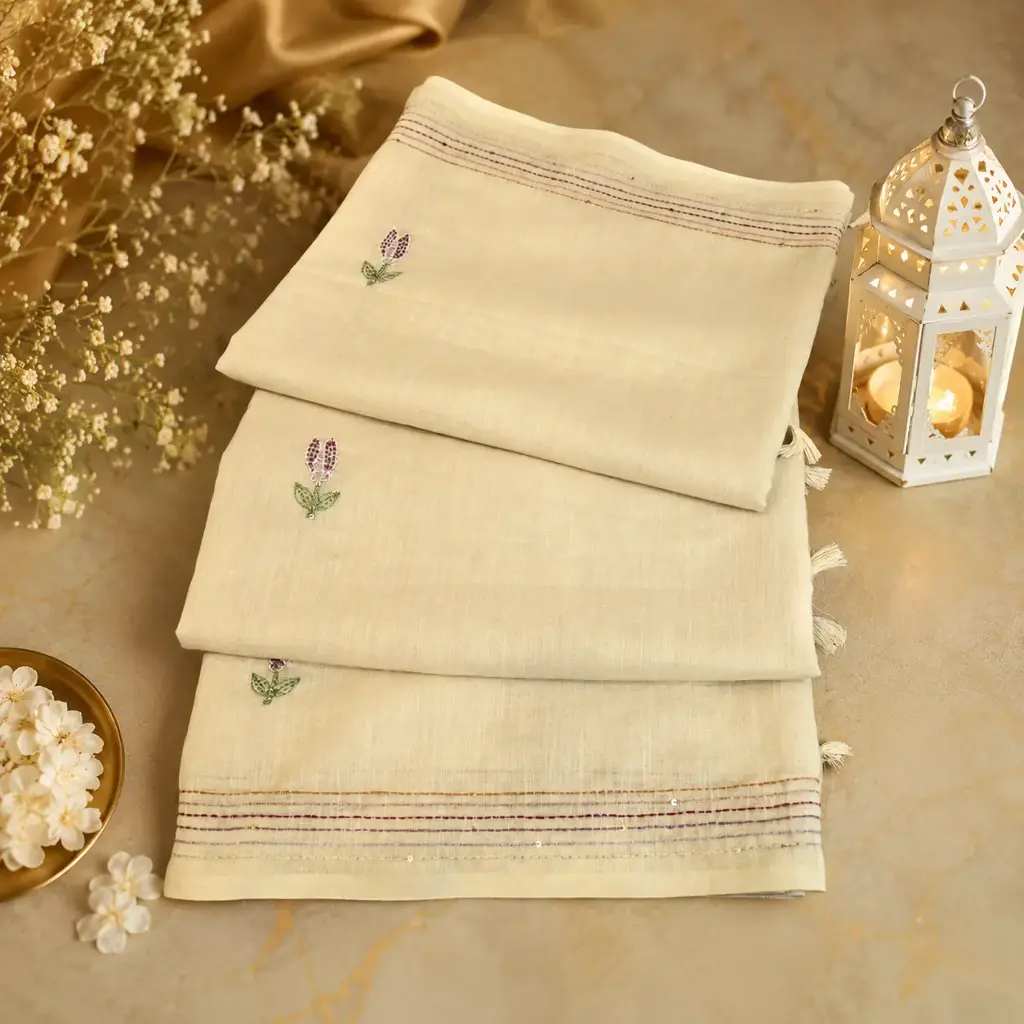 Elegant Beige Linen Cotton Saree with Hand Embroidered Floral Motifs & Tassel Pallu