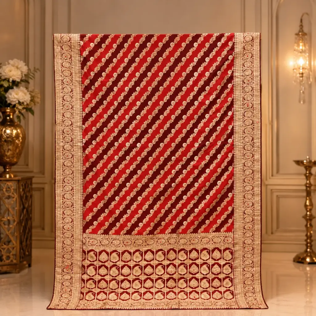 Red Maroon Woven Saree with Gold Diagonal Motifs and Ornate Paisley Border