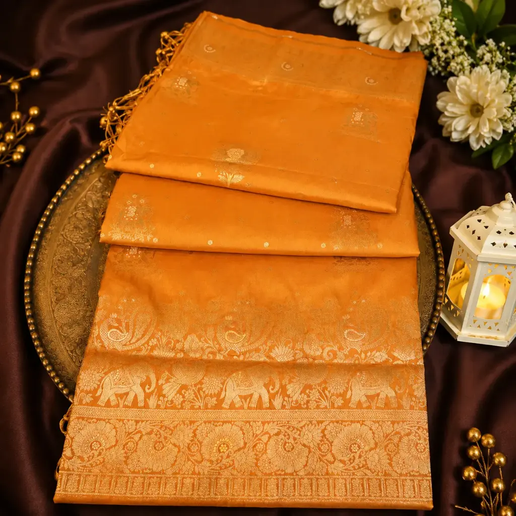 Luxury Mustard Orange Banarasi Silk Saree with Elephant Zari Border & Paisley Weaving