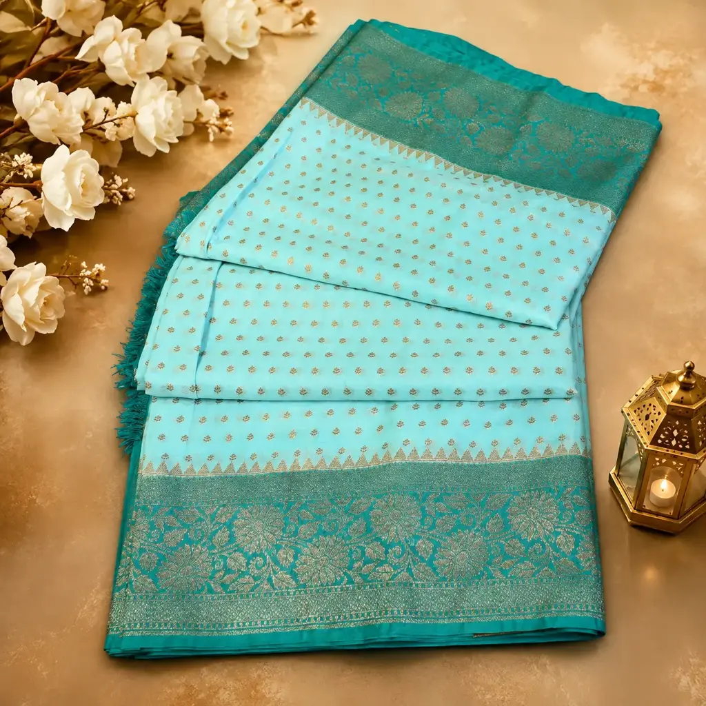 Elegant Sky Blue Banarasi Silk Saree with Gold Buttis & Teal Zari Floral Border