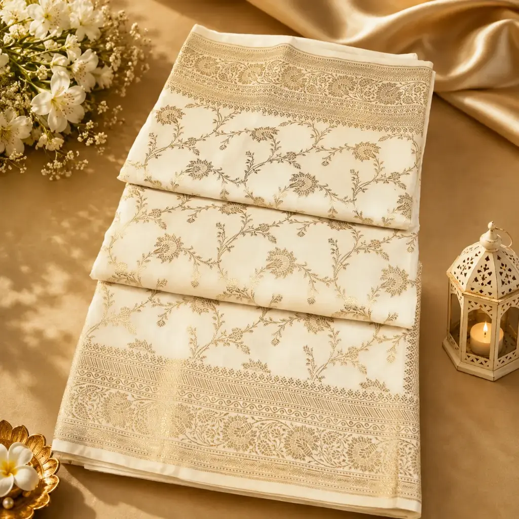 Cream Banarasi Silk Saree with Gold Floral Zari Weaving