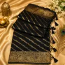 Black Banarasi Silk Saree with Gold Zari Stripes & Ornate Woven Border 