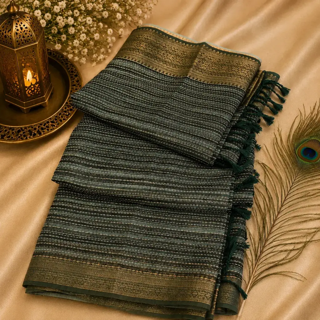 Premium Teal Striped Woven Saree with Metallic Border & Tassels
