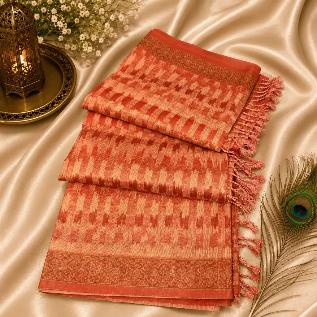 Elegant Peach Ikat Pattern Saree with Woven Border & Tassels