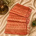 Elegant Peach Ikat Pattern Saree with Woven Border & Tassels