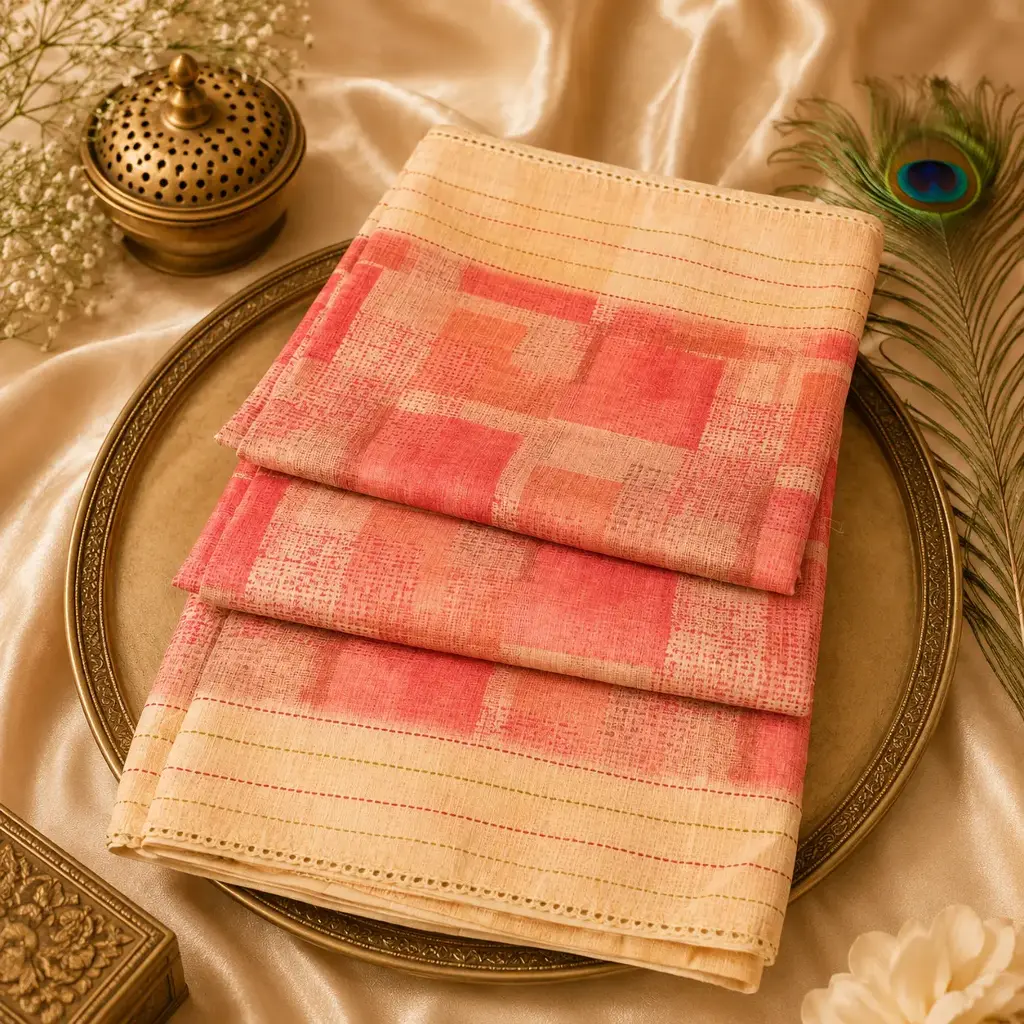 Elegant Women's Peach & Cream Printed Cotton Blend Saree with Soft Texture