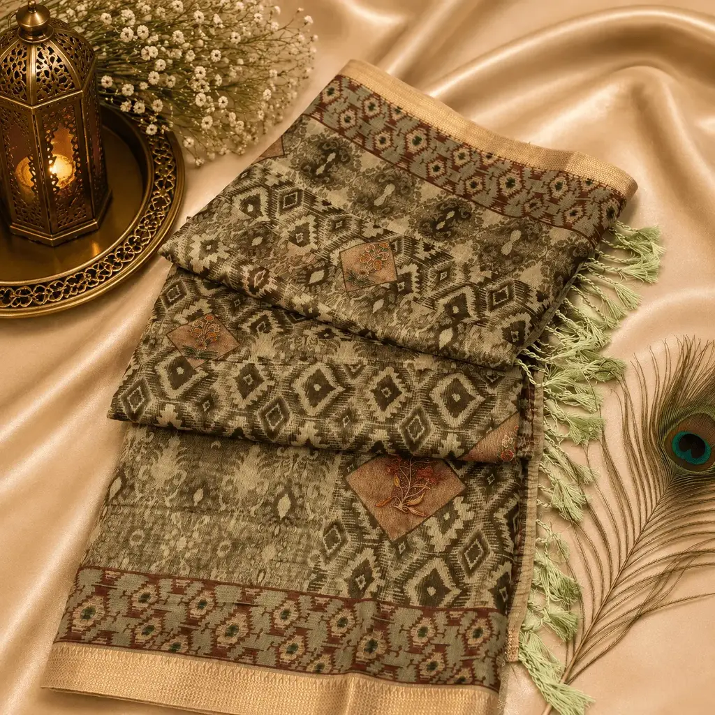 Elegant Grey Ikat Print Saree with Embroidered Motifs & Tassel Border