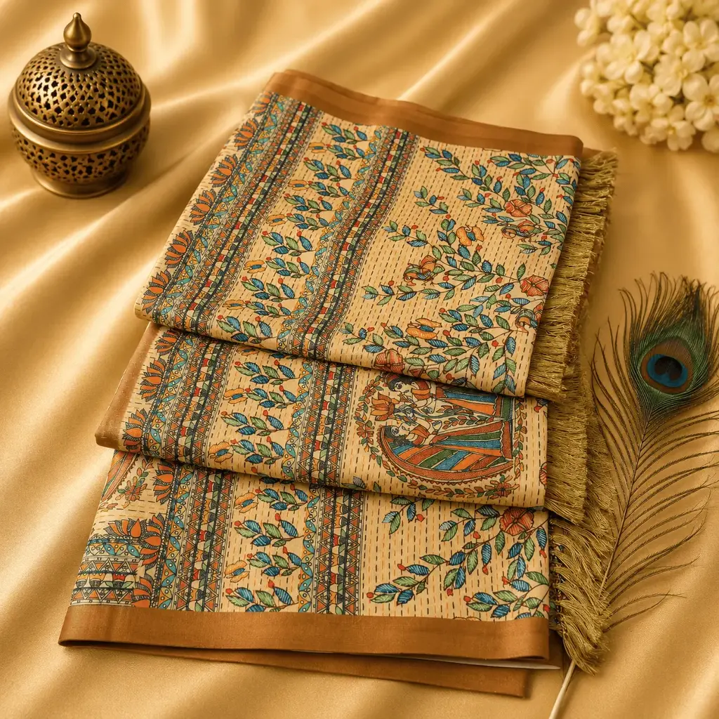 Cream Floral Printed Cotton Silk Saree with Tassels