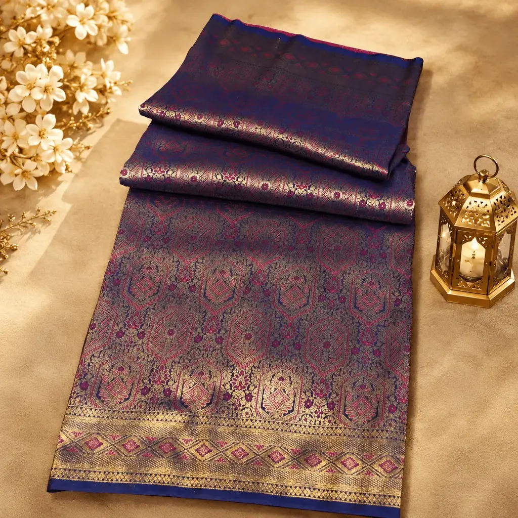 Navy Blue Silk Saree with Pink Gold Brocade, Geometric Zari Border