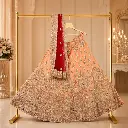 Women's Peach Bridal Lehenga Choli with Heavy Silver Embroidery and Red Dupatta