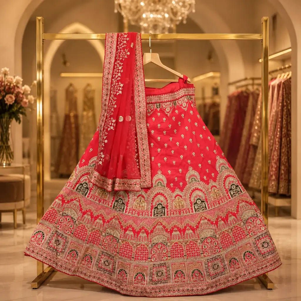 Women's Pink Bridal Lehenga Choli with Heavy Embroidery and Net Dupatta