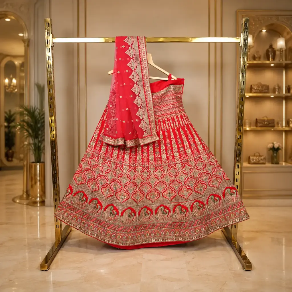 Women's Red Bridal Lehenga Choli with Heavy Embroidery and Net Dupatta