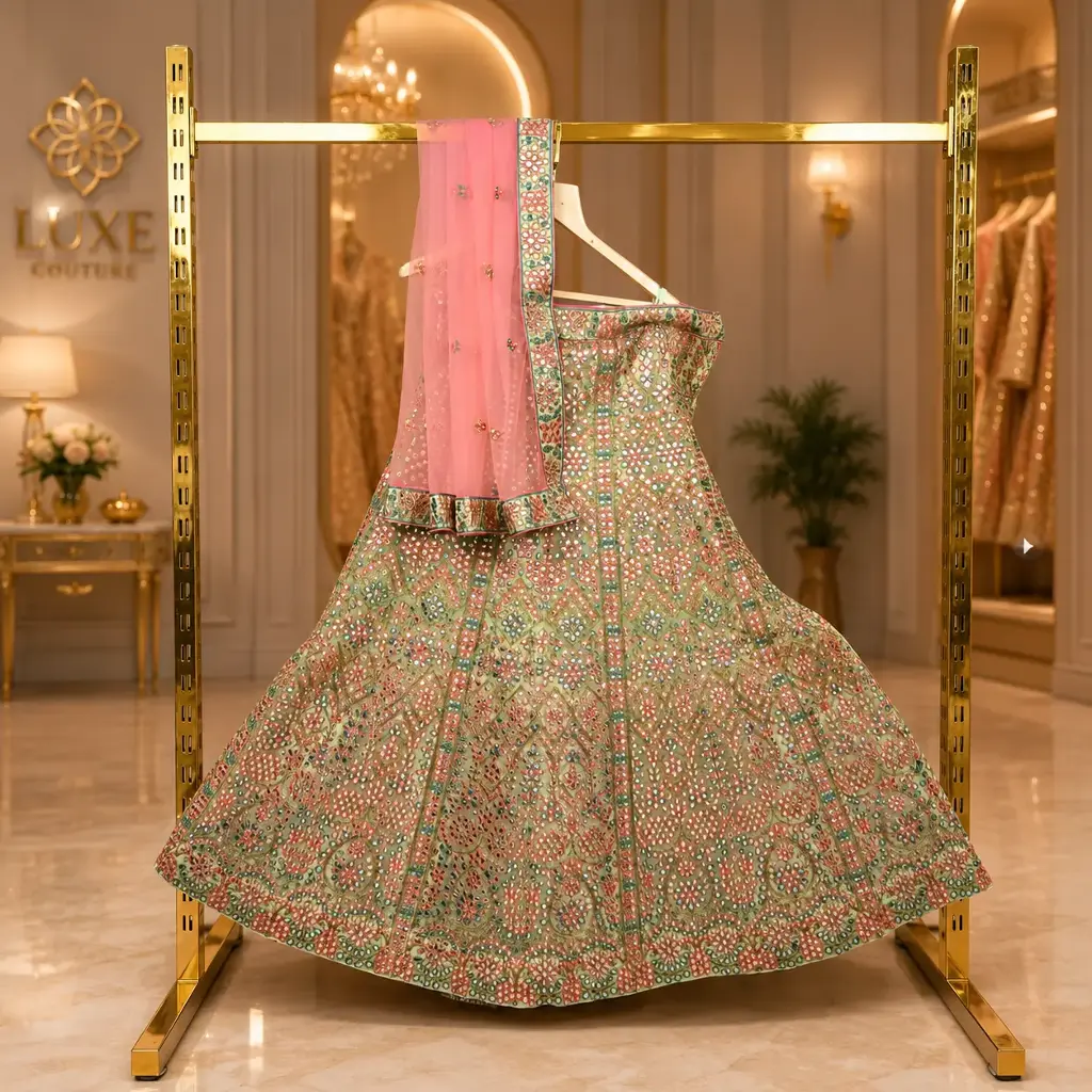 Women's Sage Lehenga Choli with Mirror Work and Matching Pink Dupatta