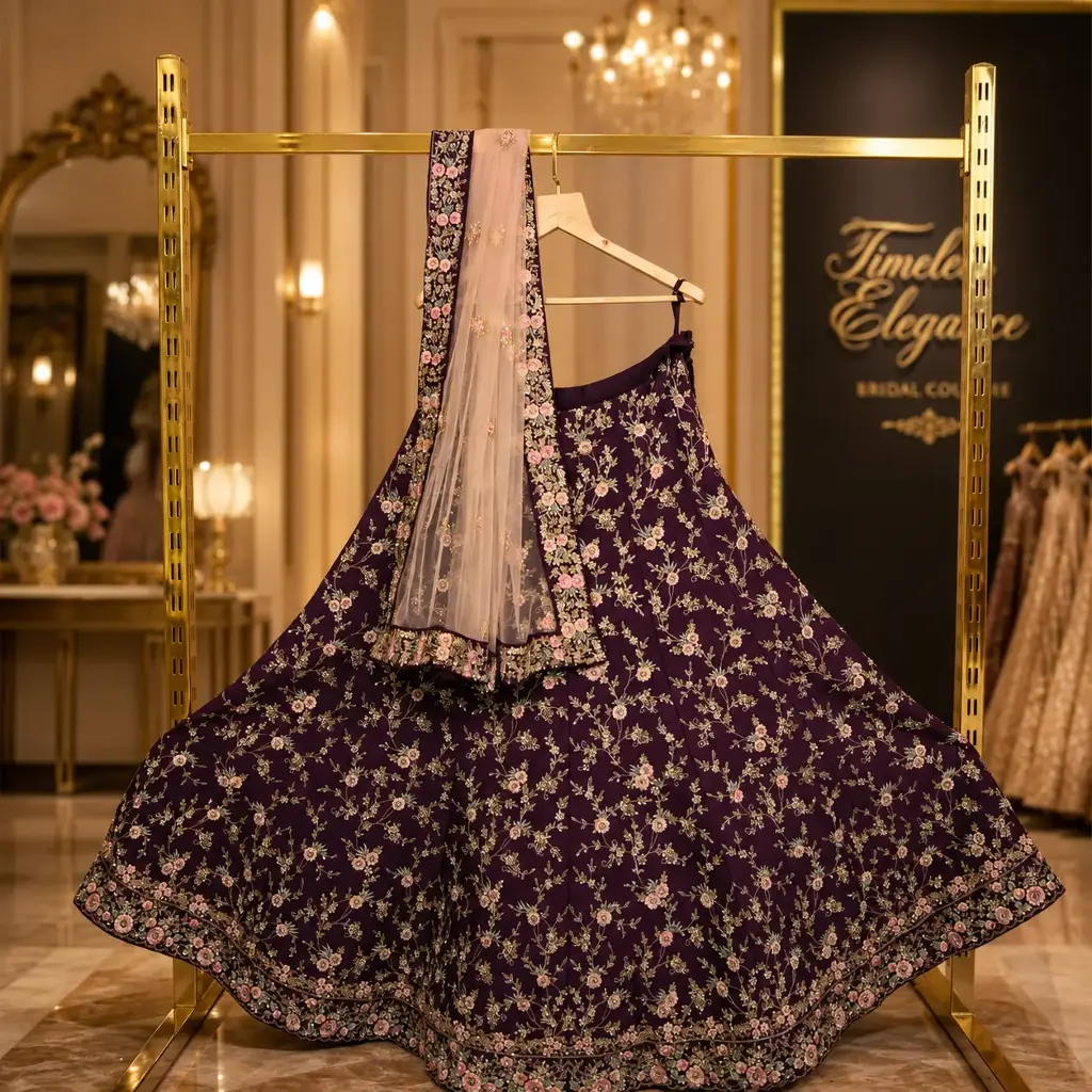 Women's Deep Plum Lehenga Choli with Floral Embroidery and Blush Net Dupatta