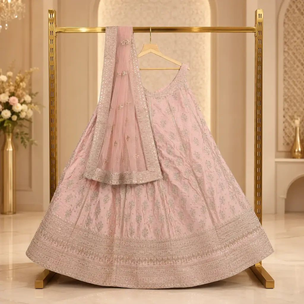 Women's Pastel Pink Lehenga Choli with Sequin Embroidery and Matching Dupatta