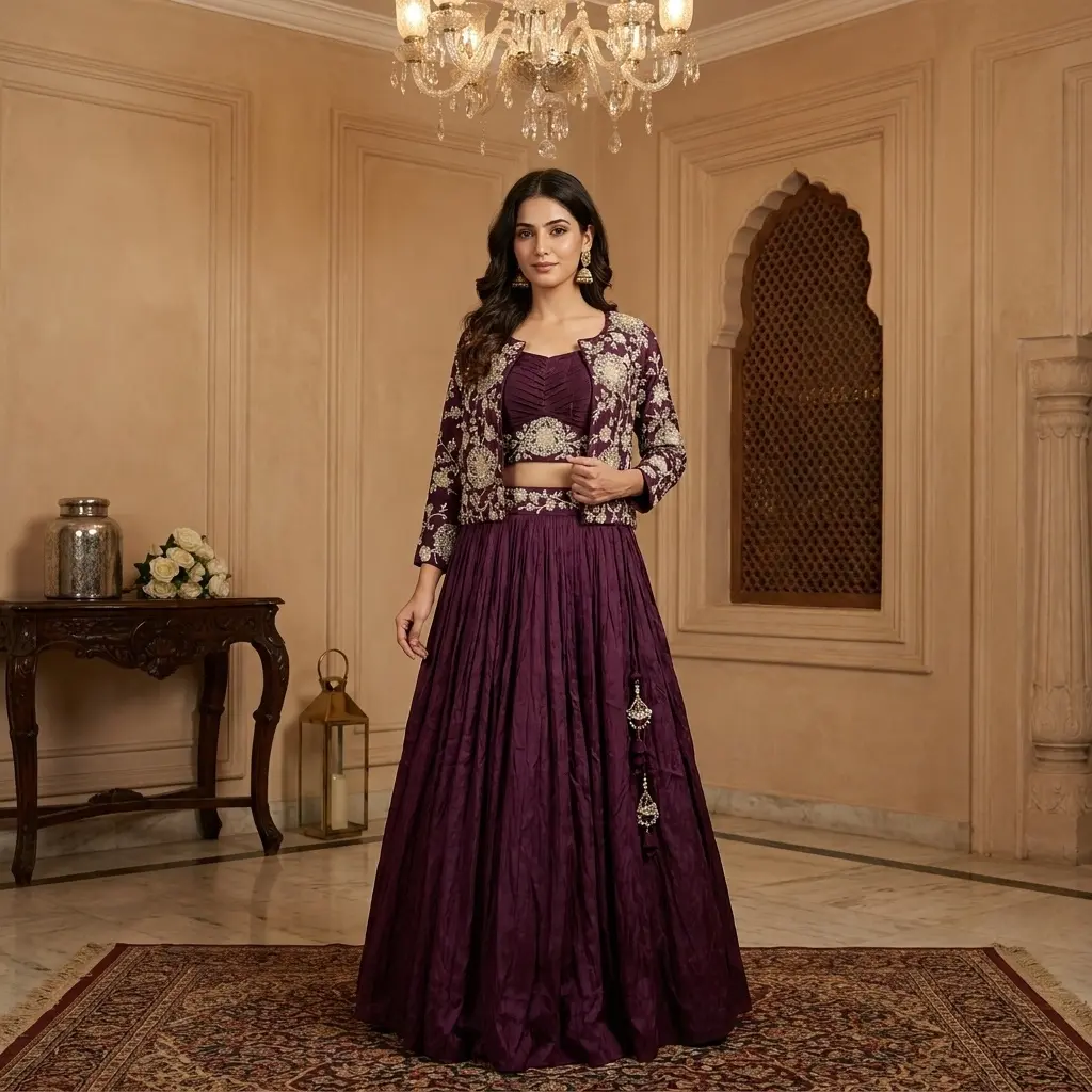 Royal Wine Purple Silk Embroidered Jacket Lehenga Set