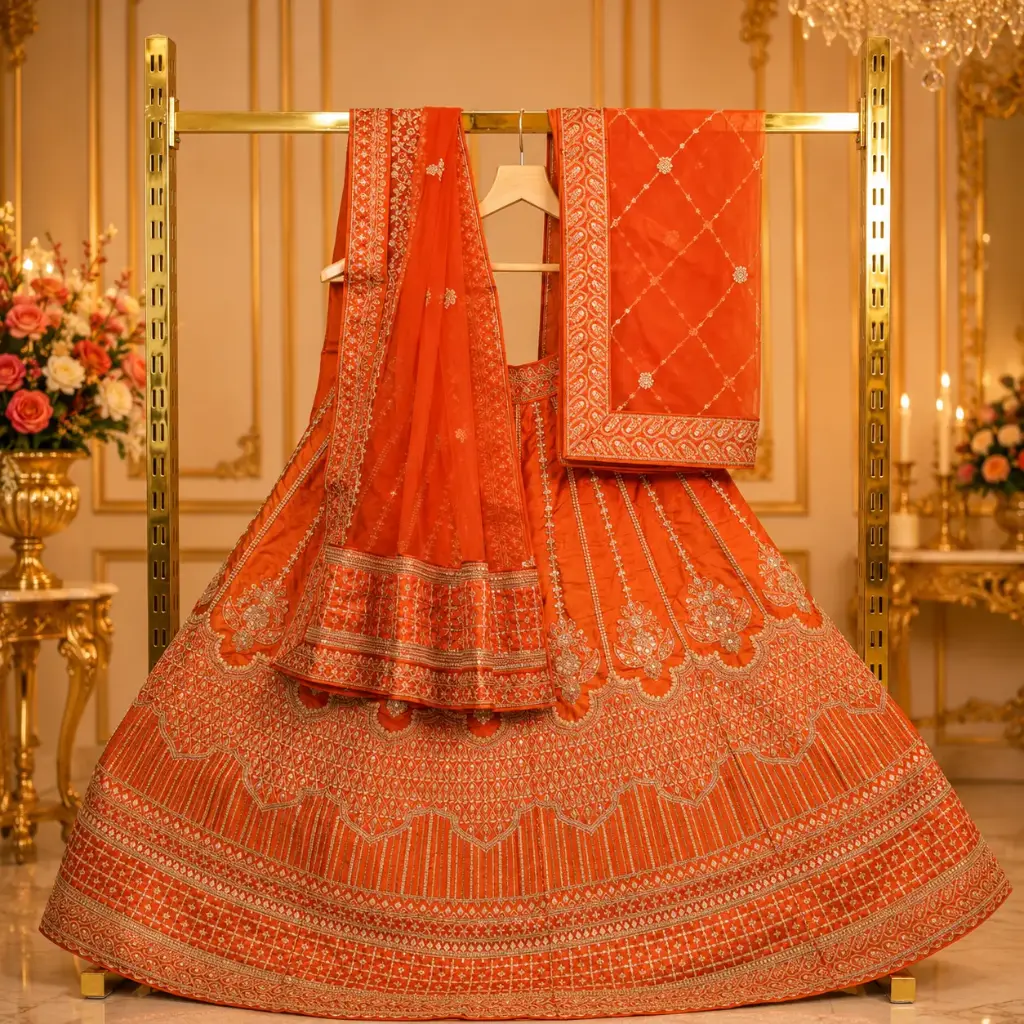 Women's Orange Bridal Lehenga Choli with Heavy Embroidery, Sequins and Matching Dupatta for Weddings