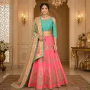 Women's Pink Turquoise Embroidered Lehenga Choli with Net Dupatta for Wedding and Festive Party Wear