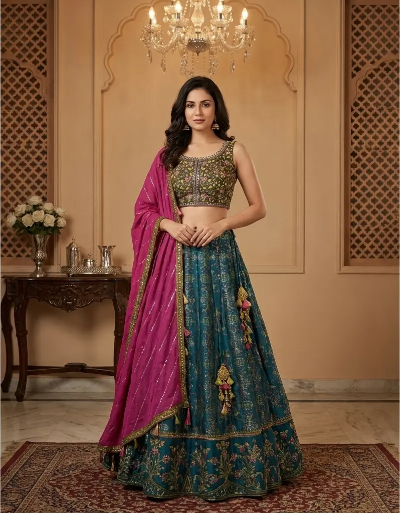 Olive Green Embroidered Choli with Teal Patola Lehenga Set