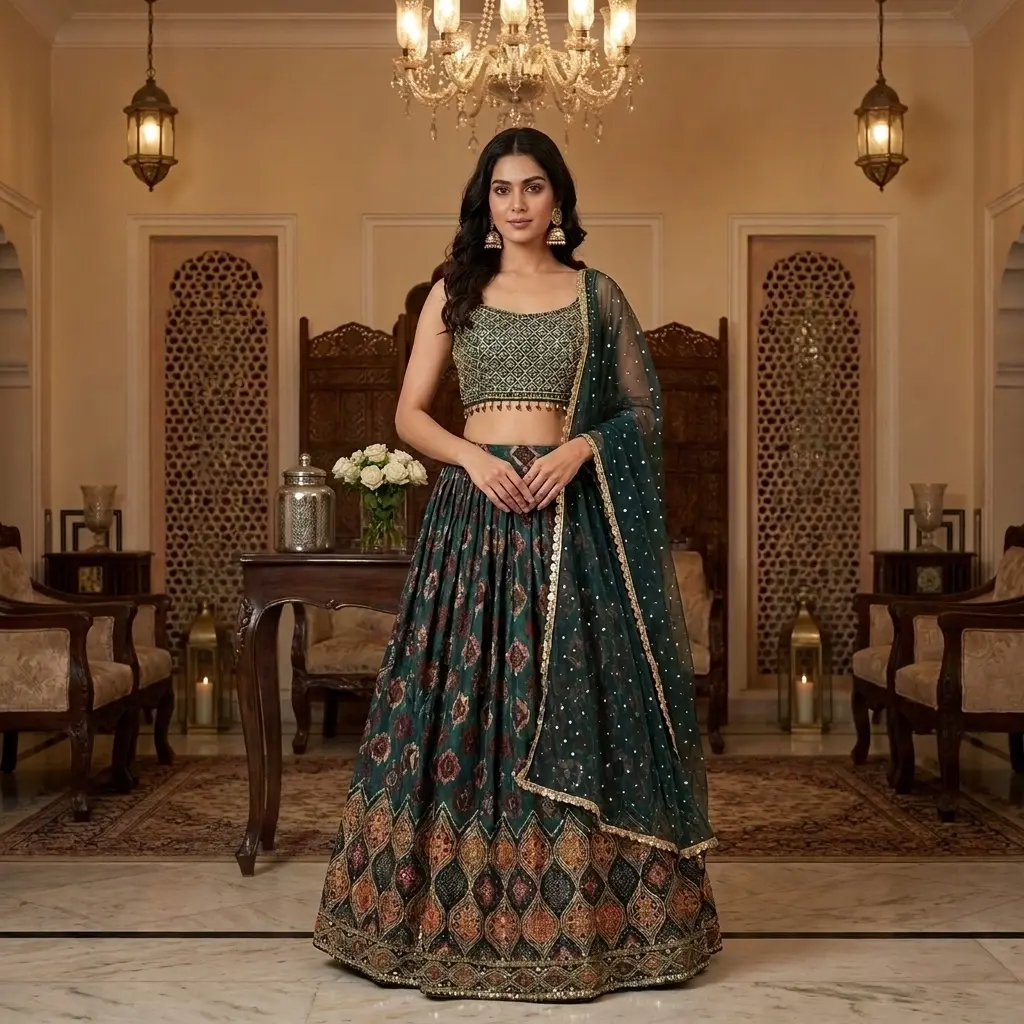 Bottle Green Silk Printed Lehenga Set with Embellished Choli