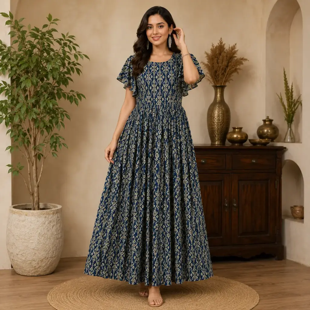 Women's Navy Blue Printed Maxi Dress with Ruffle Sleeves Elegant Long Gown