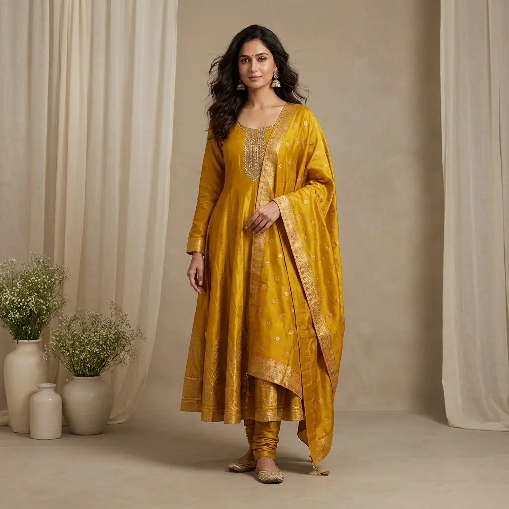 Mustard Yellow Silk Anarkali Suit Set with Dupatta