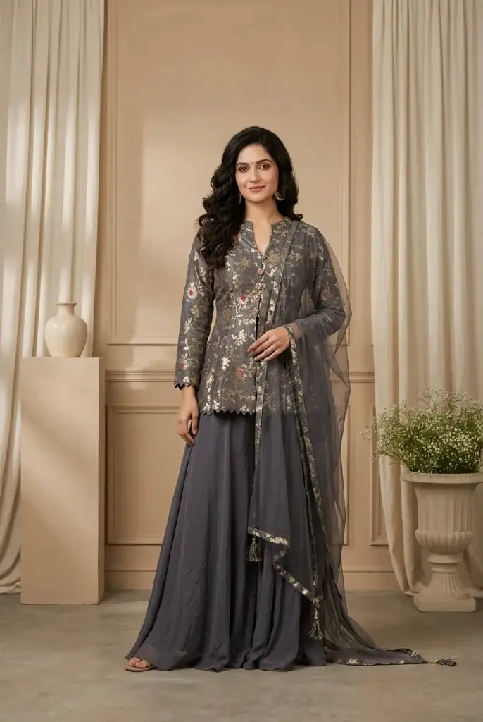 Charcoal Grey Banarasi Brocade Peplum Kurti and Sharara Set