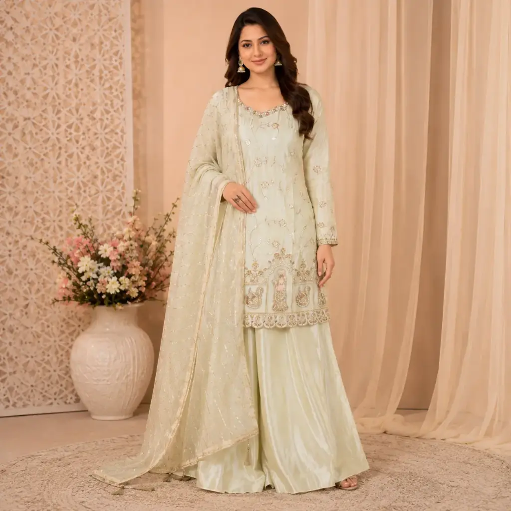 Women's Ivory Embroidered Kurta Palazzo Set with Dupatta | Elegant Ethnic Party Wear Suit