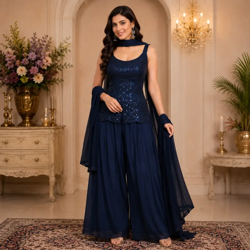 Women's Navy Blue Embroidered Palazzo Set with Sequin Work Top