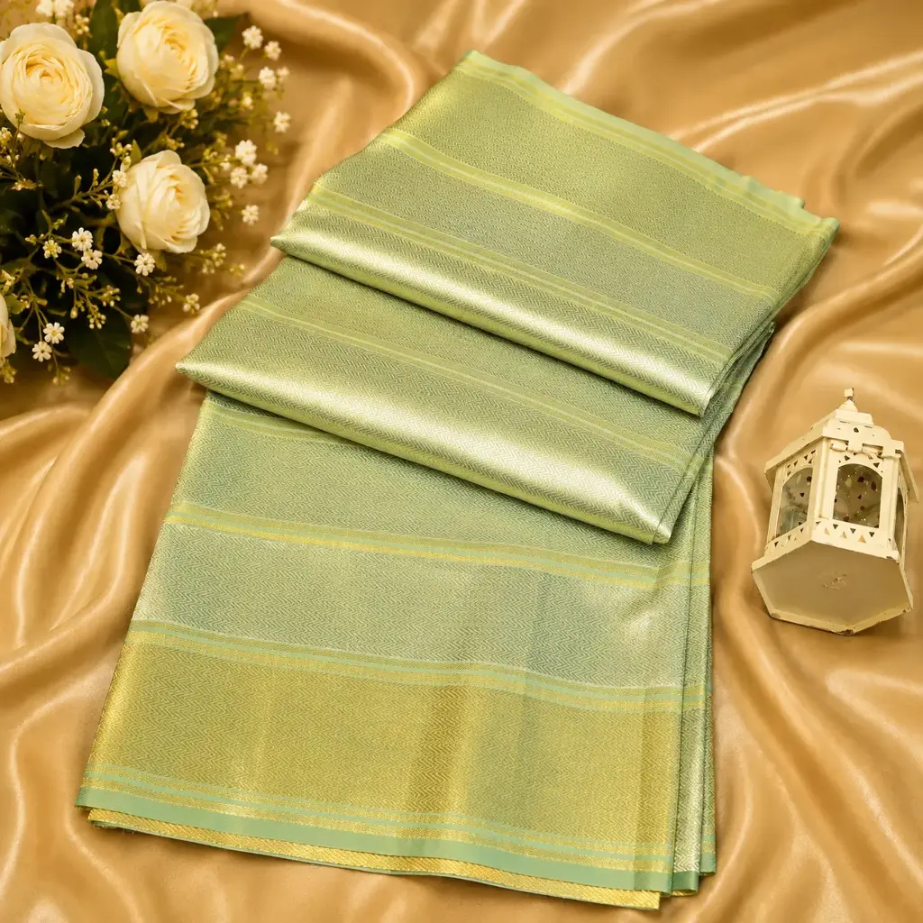 Elegant Mint Green Banarasi Silk Saree with Golden Zari Border and Subtle Woven Pattern