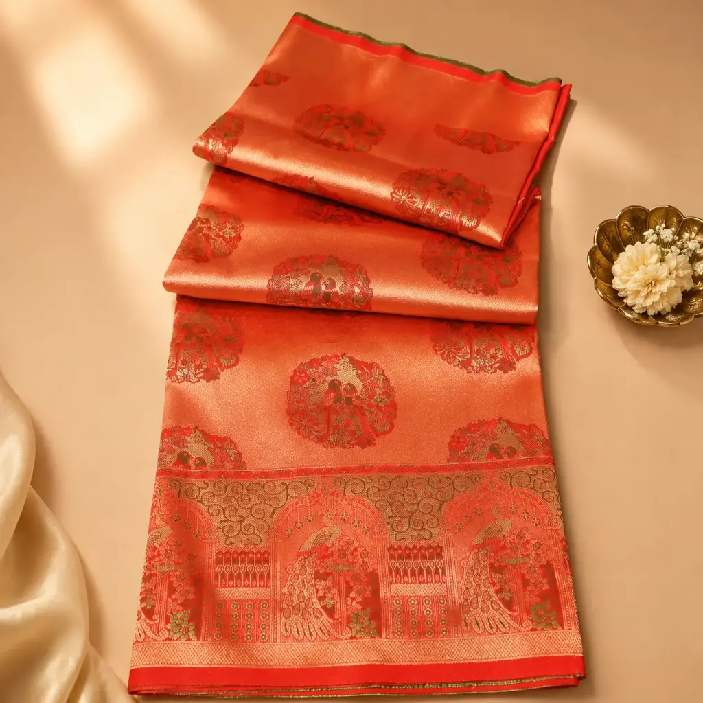 Rust Orange Silk Saree with Gold Zari Peacock Border & Brocade Motifs