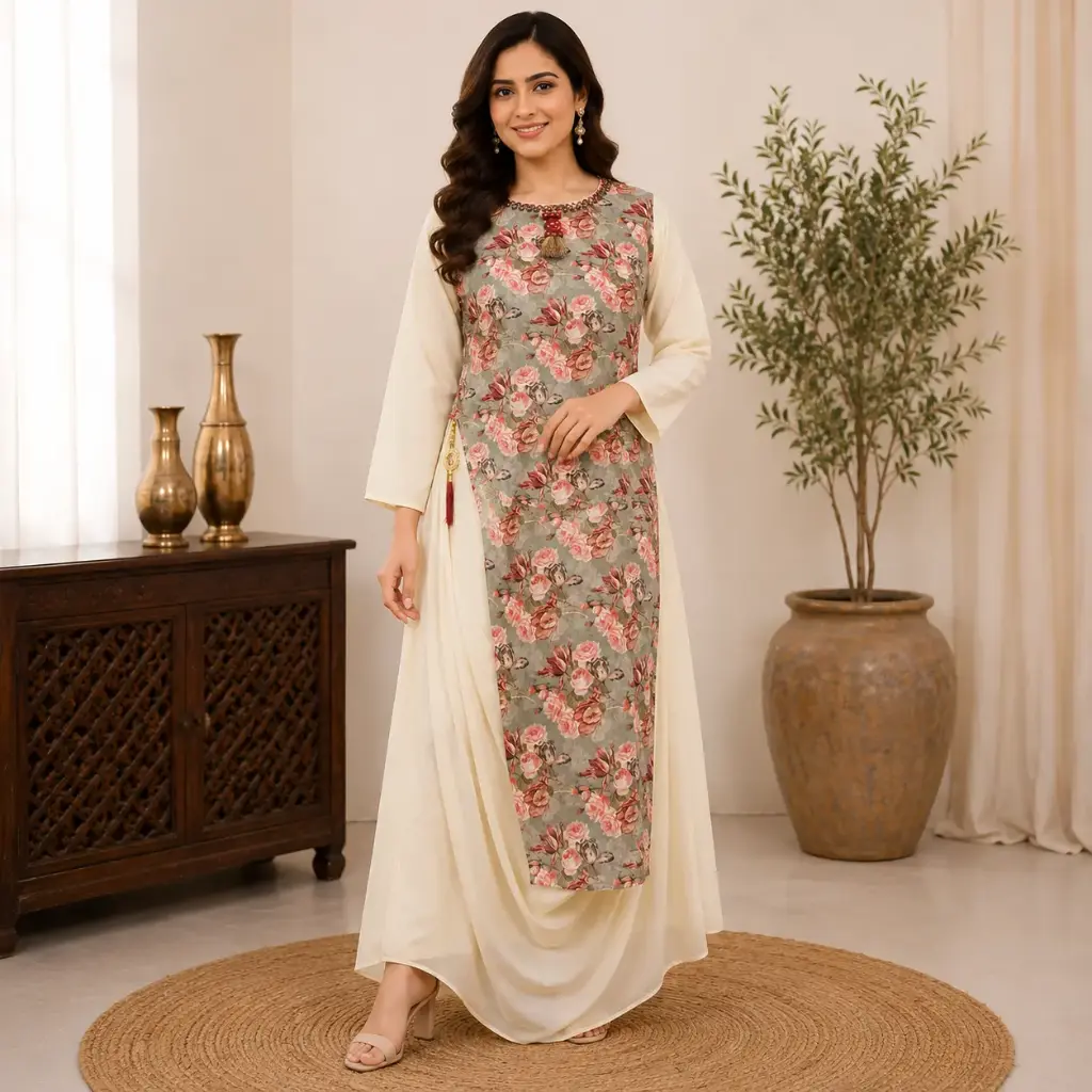 Women's Cream Floral Printed Ethnic Dress with Draped Layer Design, Elegant Indo-Western Kurti