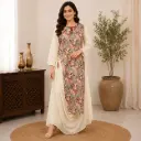 Women's Cream Floral Printed Ethnic Dress with Draped Layer Design, Elegant Indo-Western Kurti