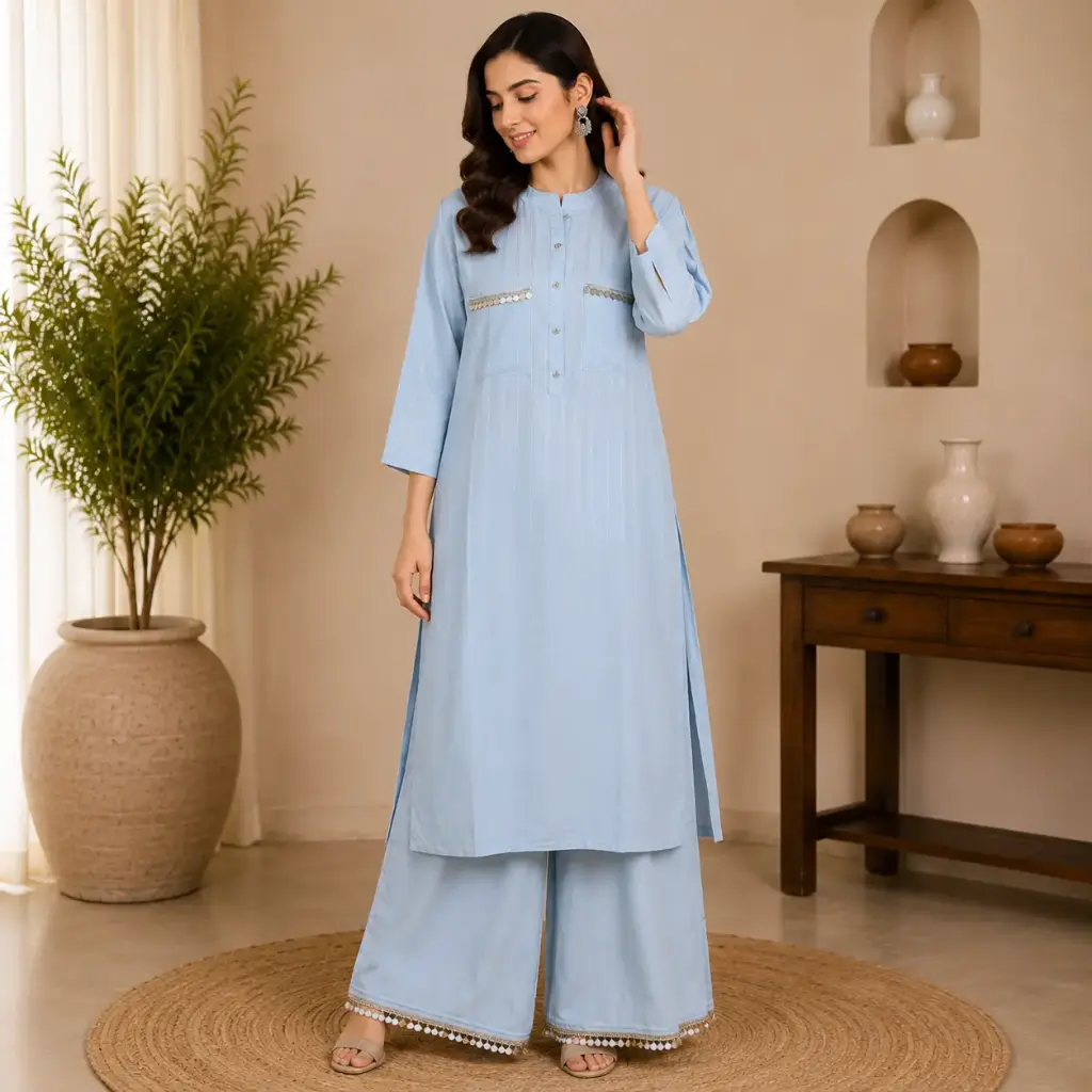 Elegant Sky Blue Kurta Palazzo Set for Women with Straight Fit Kurta