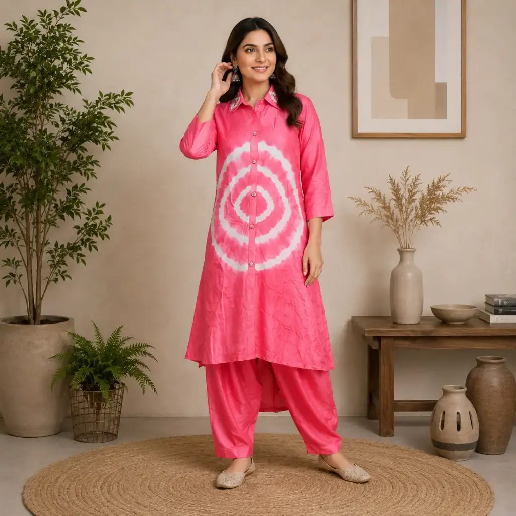 Women's Tie Dye Kurti Pant Set | Stylish Collared Ethnic Wear with Embroidered Neck