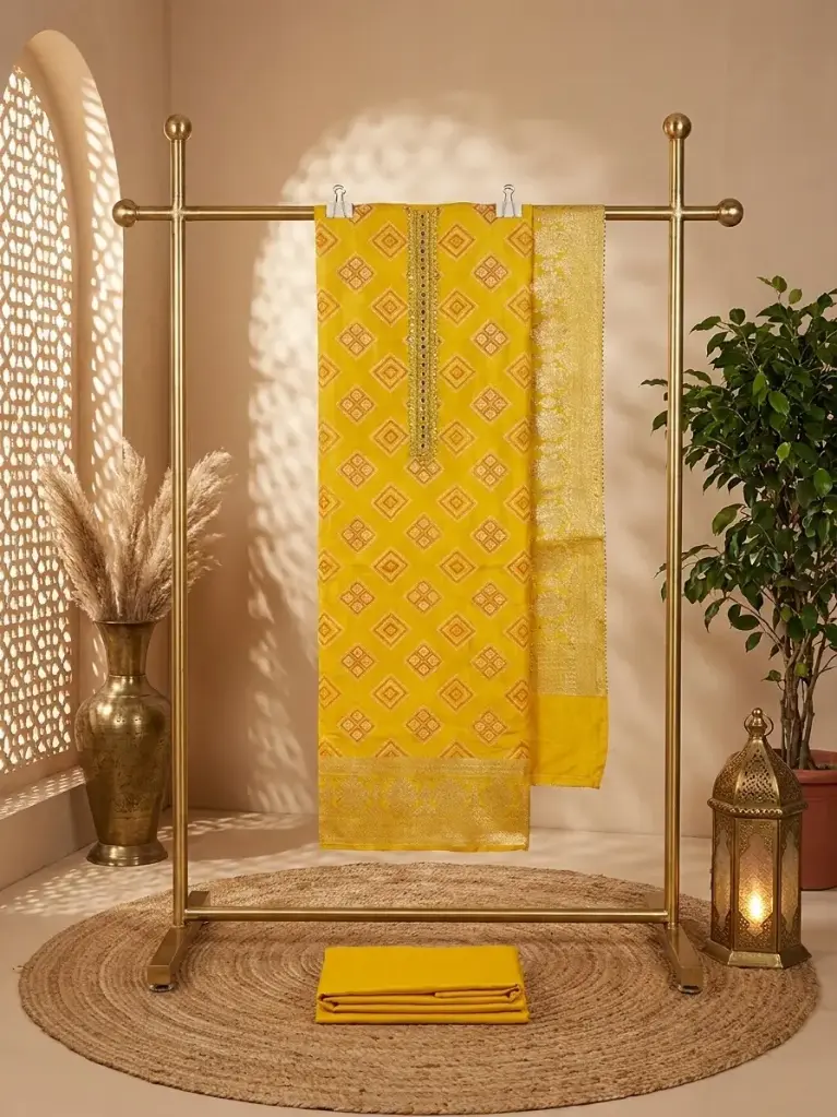 Yellow Chanderi Silk Bandhani Print Unstitched Suit Material 
