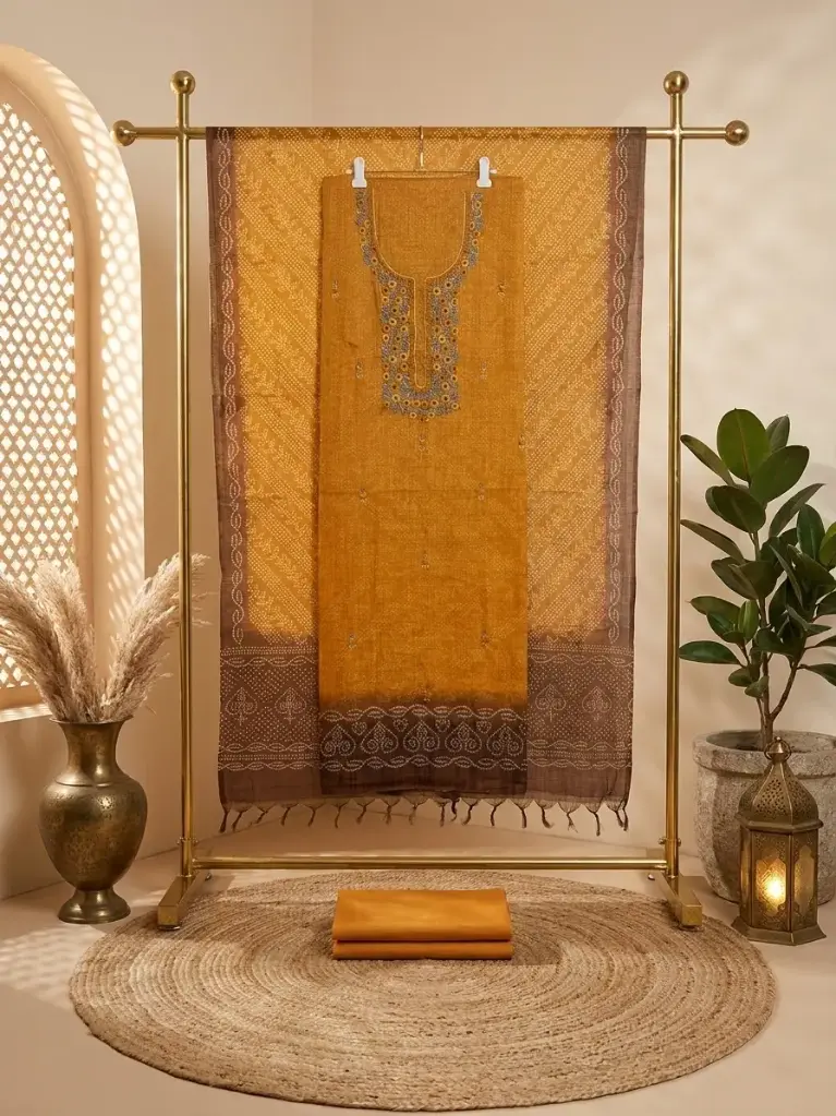 Mustard Yellow Embroidered Chanderi Silk Unstitched Dress Material