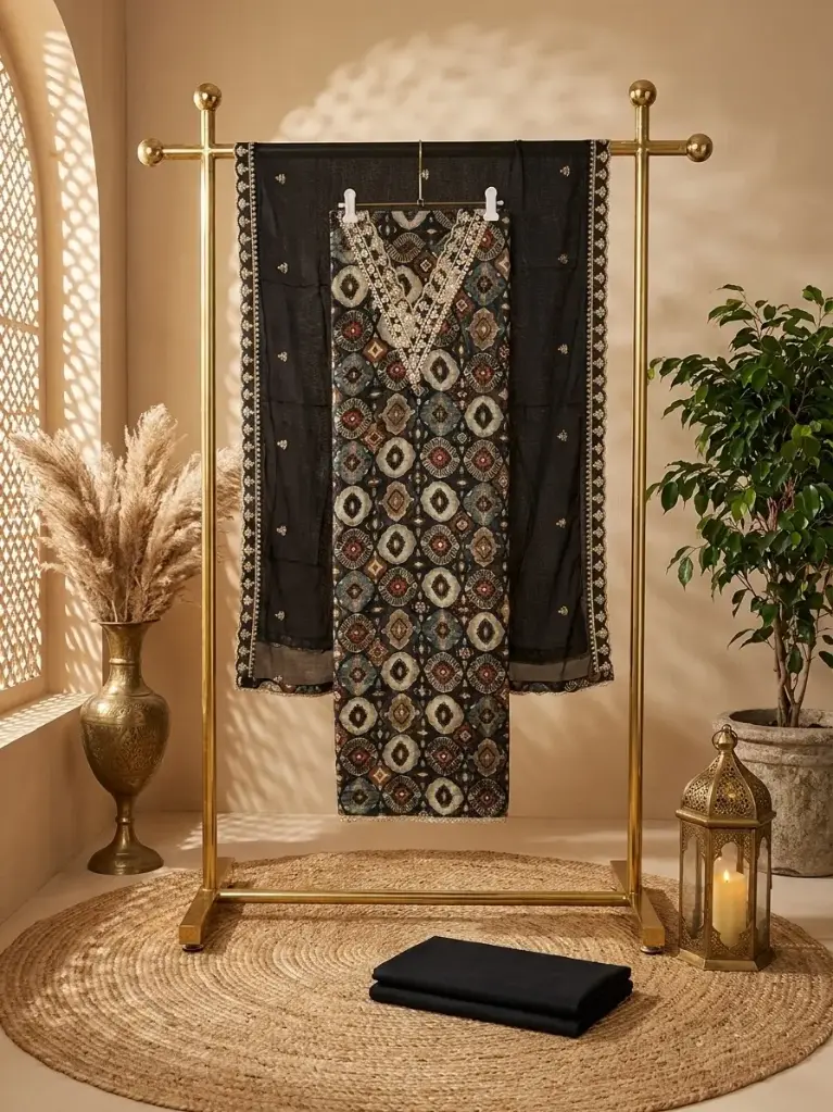 Black Printed Unstitched Dress Material with Embroidered Dupatta