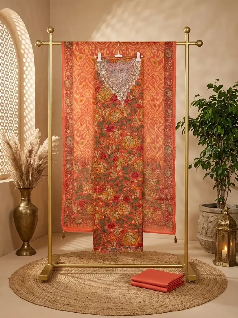 Rust Orange Kalamkari and Ikat Unstitched Dress Material