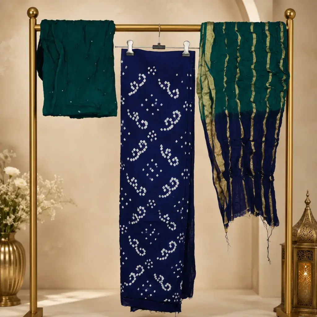 Women’s Navy Blue Bandhani Print Unstitched Dress Material Set with Green Dupatta 