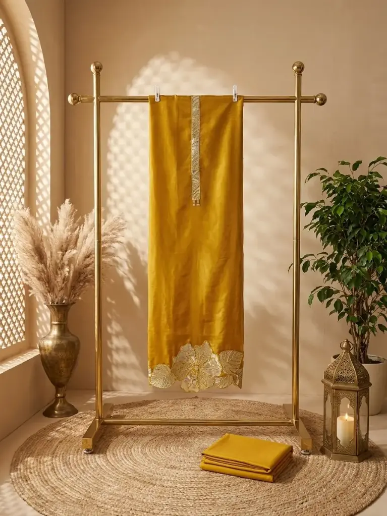 Mustard Gold Tissue Silk Unstitched Dress Material with Cutwork Dupatta