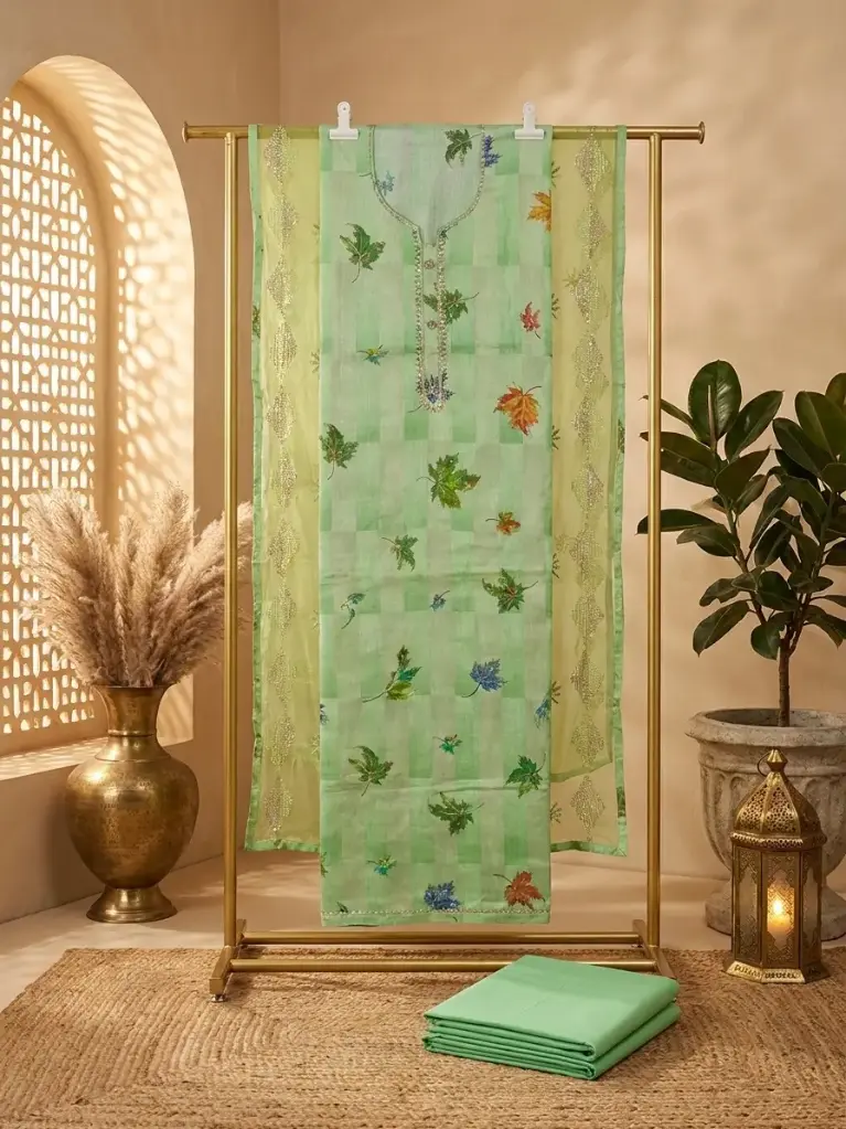 Pistachio Green Printed Unstitched Dress Material with Embroidered Dupatta