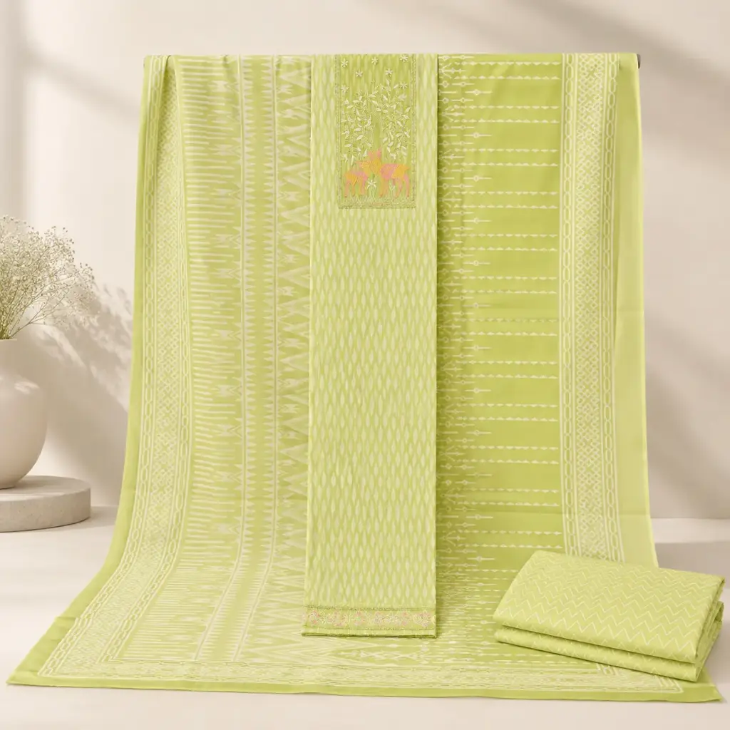 Pista Green Unstitched Dress Material Set with Geometric Print, Deer Embroidery and Matching Dupatta 
