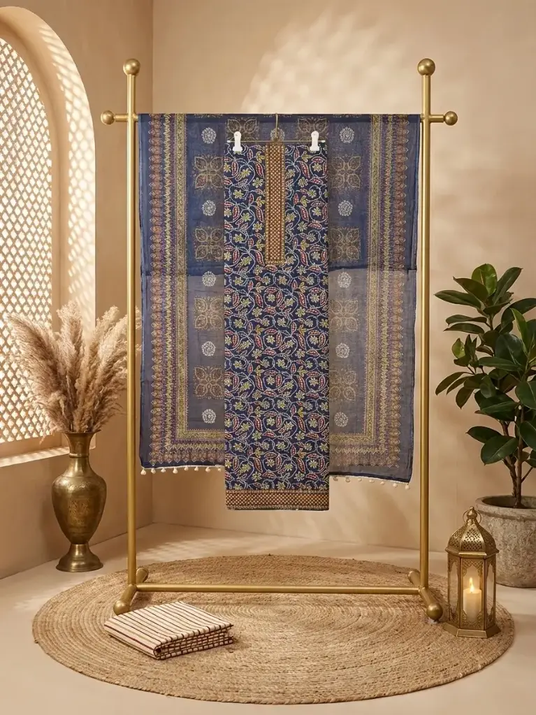 Indigo Blue Floral Block Printed Cotton Unstitched Suit Material