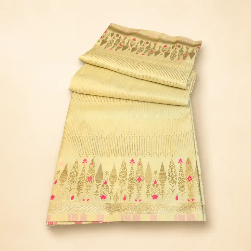 Cream Gold Banarasi Style Saree with Pink Floral Border