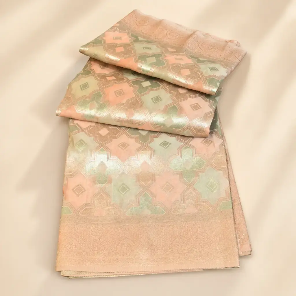 Peach Gold Banarasi Style Saree with Geometric Zari Weave